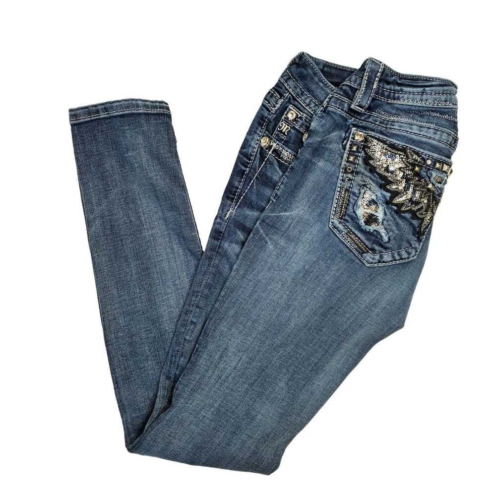 Y2K Miss Me Low Rise Signature Skinny Blue Jeans Sz 25 29 Bling Festival Western